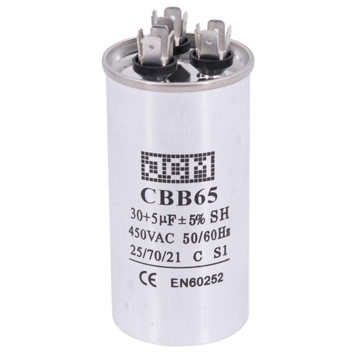 JCM AC Motor Run Capacitor 30 uf + 5 uf MFD 450v 50/60hz dual Farad Round CBB65 (Condenser Straight Cool or Heat Pump Air Conditioner Furnace, Blower, and other electric motors) Works 370/440 VAC