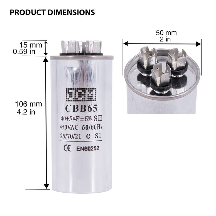 JCM AC Motor Run Capacitor 40 uf + 5 uf MFD 450v 50/60hz dual Farad Round CBB65 (Condenser Straight Cool or Heat Pump Air Conditioner Furnace, Blower, and other electric motors) Works 370/440 VAC