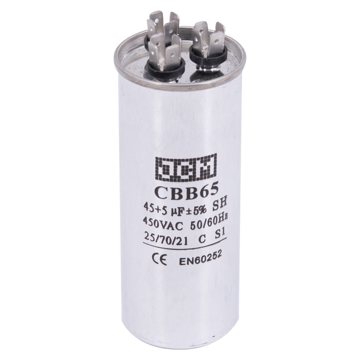 JCM AC Motor Run Capacitor 45 uf + 5 uf MFD 450v 50/60hz dual Farad Round CBB65 (Condenser Straight Cool or Heat Pump Air Conditioner Furnace, Blower, and other electric motors) Works 370/440 VAC