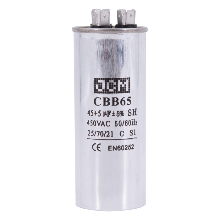 JCM AC Motor Run Capacitor 45 uf + 5 uf MFD 450v 50/60hz dual Farad Round CBB65 (Condenser Straight Cool or Heat Pump Air Conditioner Furnace, Blower, and other electric motors) Works 370/440 VAC