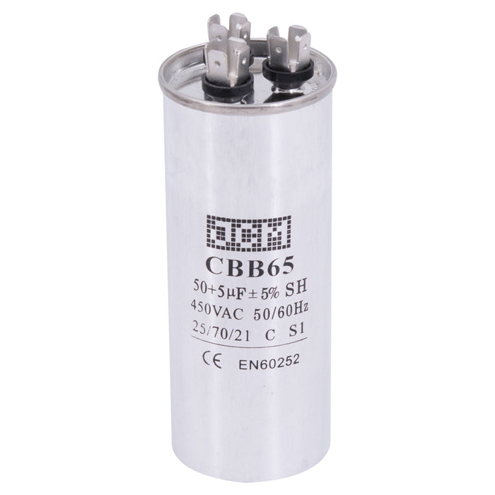 JCM AC Motor Run Capacitor 50 uf + 5 uf MFD 450v 50/60hz dual Farad Round CBB65 (Condenser Straight Cool or Heat Pump Air Conditioner Furnace, Blower, and other electric motors) Works 370/440 VAC