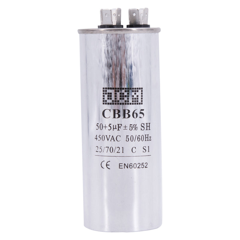JCM AC Motor Run Capacitor 50 uf + 5 uf MFD 450v 50/60hz dual Farad Round CBB65 (Condenser Straight Cool or Heat Pump Air Conditioner Furnace, Blower, and other electric motors) Works 370/440 VAC