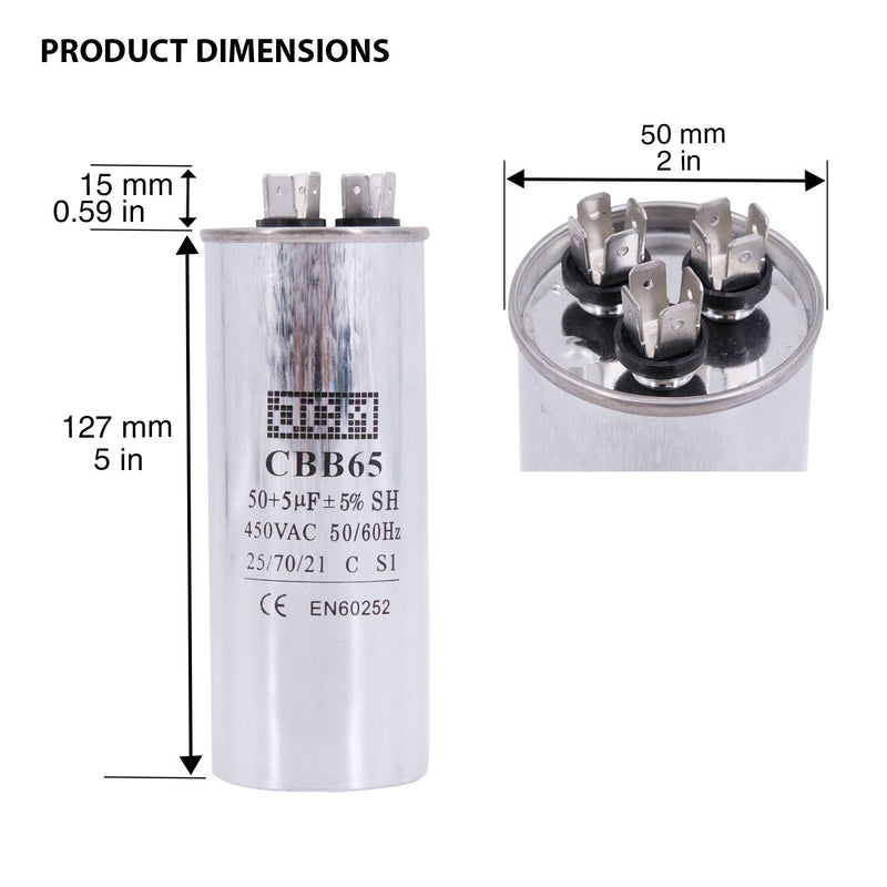 JCM AC Motor Run Capacitor 50 uf + 5 uf MFD 450v 50/60hz dual Farad Round CBB65 (Condenser Straight Cool or Heat Pump Air Conditioner Furnace, Blower, and other electric motors) Works 370/440 VAC