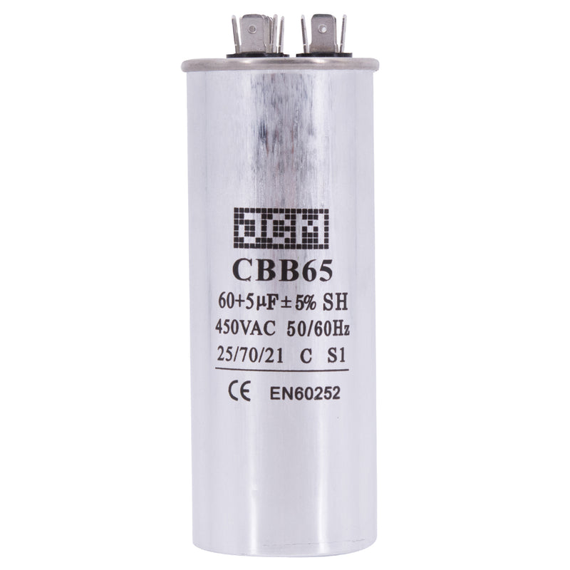 JCM AC Motor Run Capacitor 60 uf + 5 uf MFD 450v 50/60hzdual Farad Round CBB65 (Condenser Straight Cool or Heat Pump Air Conditioner Furnace, Blower, and other electric motors) Works 370/440 VAC