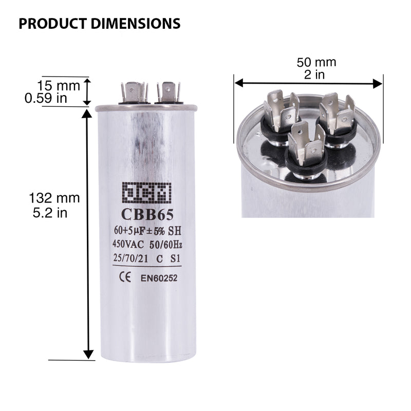 JCM AC Motor Run Capacitor 60 uf + 5 uf MFD 450v 50/60hzdual Farad Round CBB65 (Condenser Straight Cool or Heat Pump Air Conditioner Furnace, Blower, and other electric motors) Works 370/440 VAC