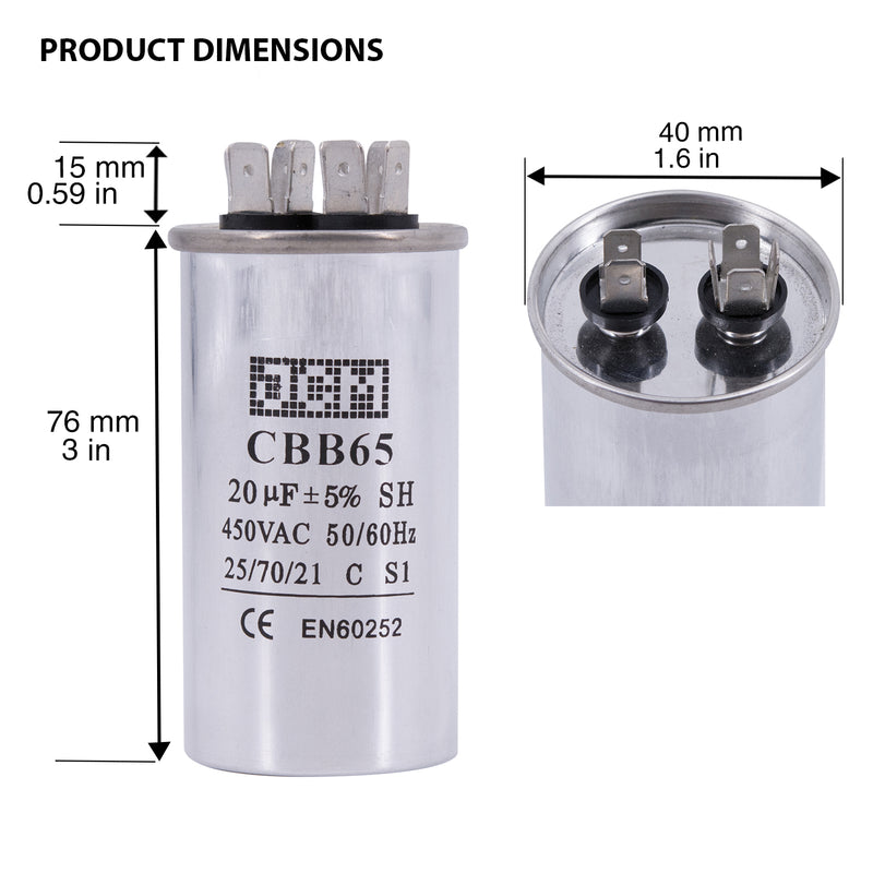 JCM AC Motor Run capacitor 20 uf MFD 450v 50/60 Hz Metal Round CBB65