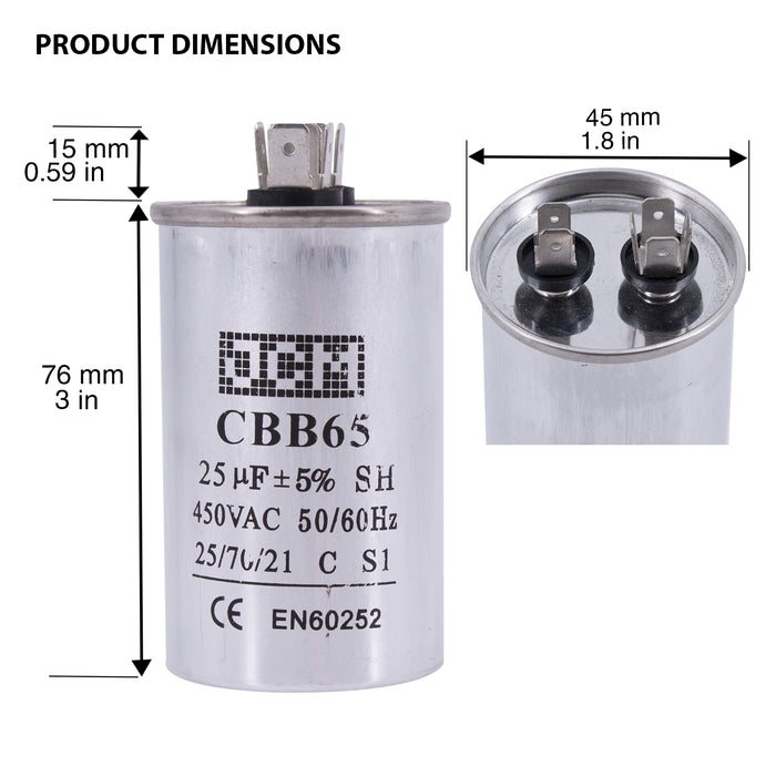 JCM AC Motor Run capacitor 25 uf MFD 450v 50/60 Hz Metal Round CBB65
