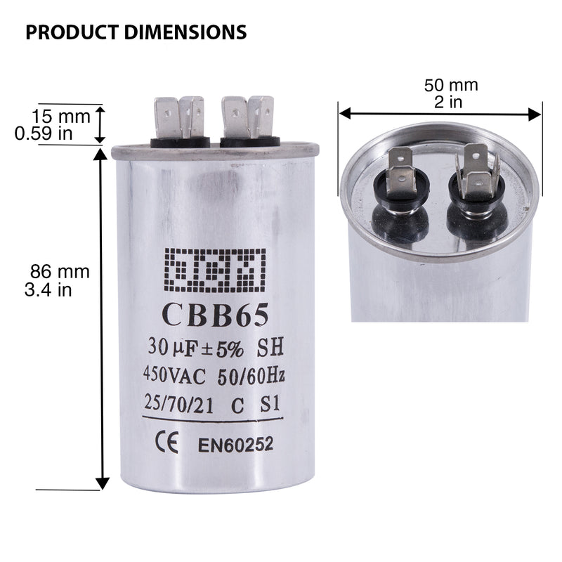 JCM AC Motor Run capacitor 30 uf MFD 450v 50/60 Hz Metal Round CBB65