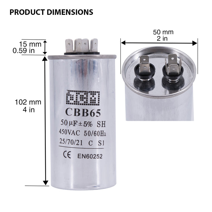 JCM AC Motor Run capacitor 50 uf MFD 450v 50/60 Hz Metal Round CBB65