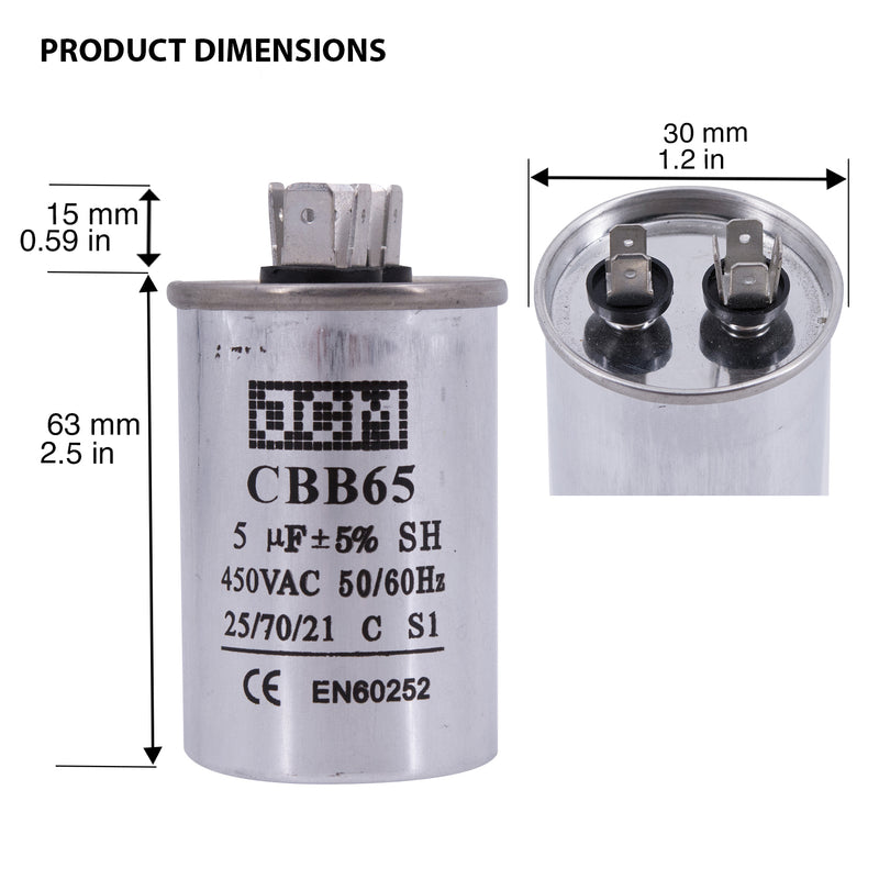 JCM AC Motor Run capacitor 5 uf MFD 450v 50/60 Hz Metal Round CBB65