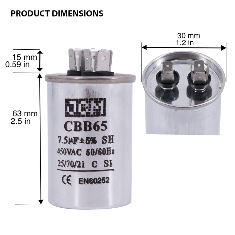 JCM AC Motor Run capacitor 7.5 uf MFD 450v 50/60 Hz Metal Round CBB65