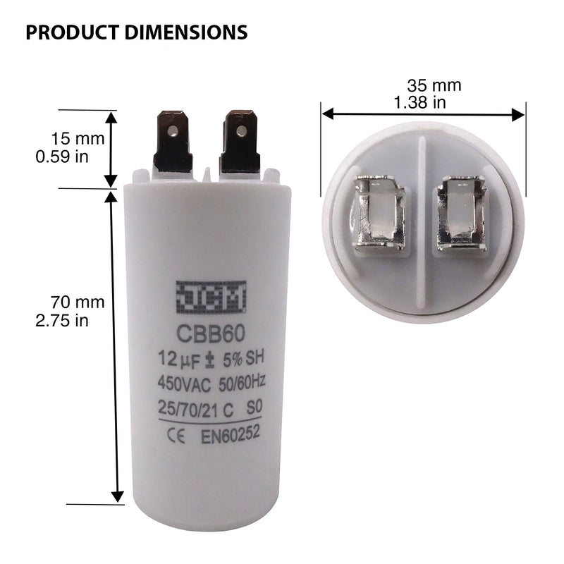 JCM Motor Run Capacitor 12uf MFD 250V/450V AC Volts round cylinder 4 Pins CBB60