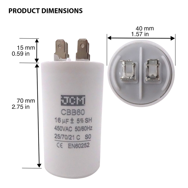 JCM Motor Run Capacitor 16uf MFD 250V/450V AC Volts round cylinder 4 Pins CBB60