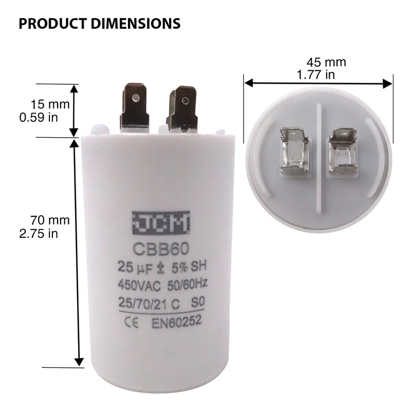 JCM Motor Run Capacitor 25uf MFD 250V/450V AC Volts round cylinder 4 Pins CBB60