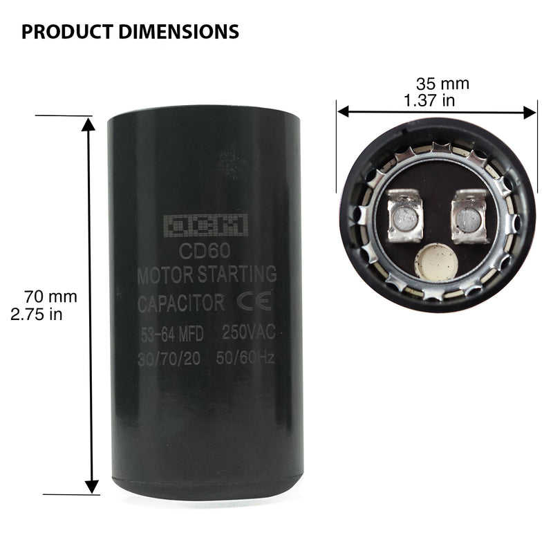 JCM Motor Start Capacitor 53-64 uf MDF 250V AC 50/60 Hz Round CD60