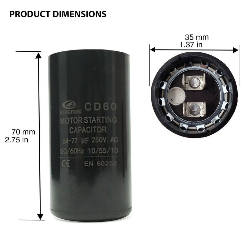 JCM Motor Start Capacitor 64-77 uf MDF 250V AC 50/60 Hz Round CD60
