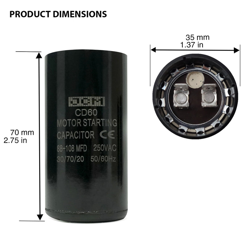 JCM Motor Start Capacitor 88-108 uf MDF 250V AC 50/60 Hz Round CD60