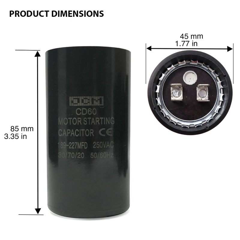 JCM Motor Start Capacitor 189-227 uf MDF 250V AC 50/60 Hz Round CD60