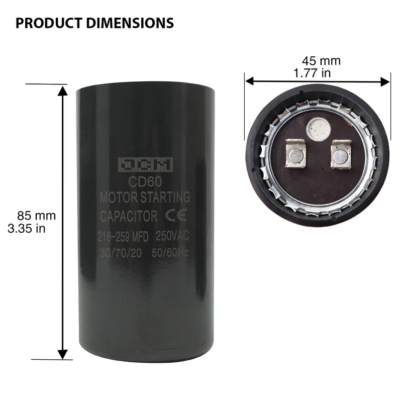 JCM Motor Start Capacitor 216-259 uf MDF 250V AC 50/60 Hz Round CD60
