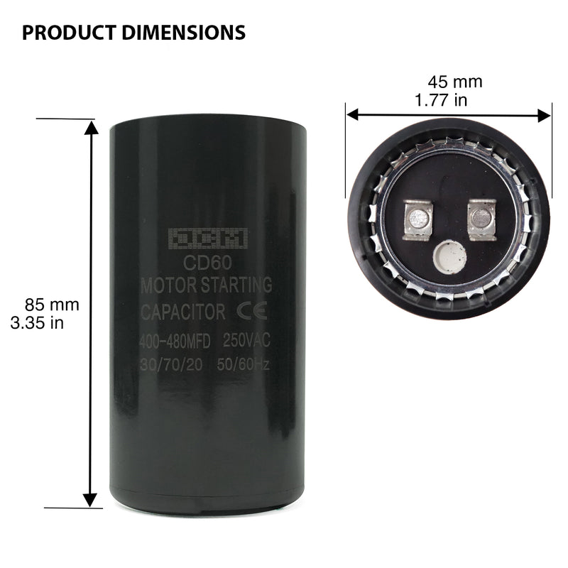 JCM Motor Start Capacitor 400-480 uf MDF 250V AC 50/60 Hz Round CD60