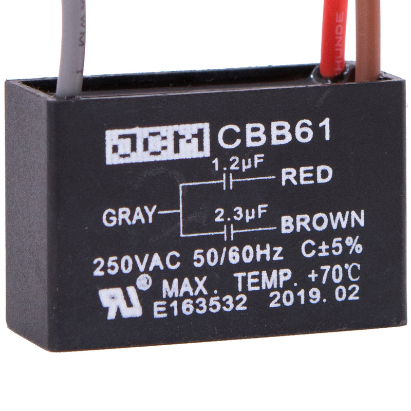 JCM 3 Wire Ceiling Fan Capacitor 1.2 uF + 2.3 uF 250VAC 50/60 Hz CBB61