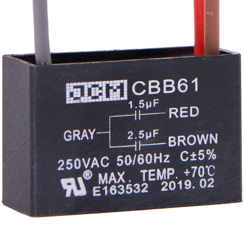 JCM 3 Wire Ceiling Fan Capacitor 1.5 uF + 2.5 uF 250VAC 50/60 Hz CBB61