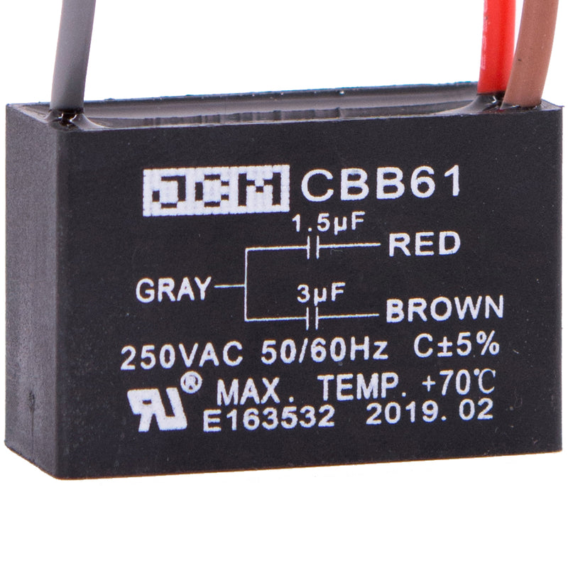 JCM 3 Wire Ceiling Fan Capacitor 1.5 uF + 3 uF 250VAC 50/60 Hz CBB61