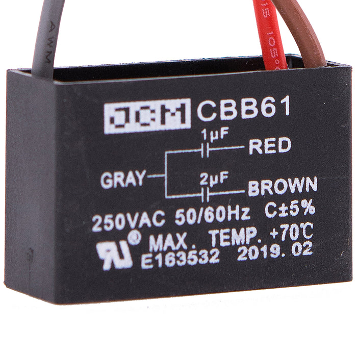 JCM 3 Wire Ceiling Fan Capacitor 1 uF + 2 uF 250VAC 50/60 Hz CBB61