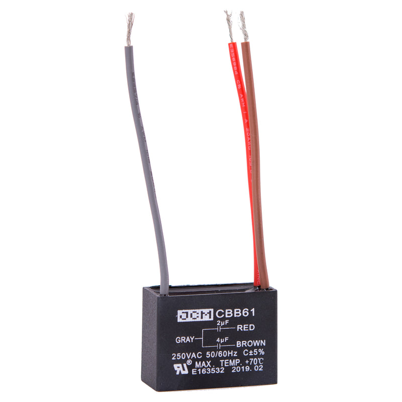 JCM 3 Wire Ceiling Fan Capacitor 2 uF + 4 uF 250VAC 50/60 Hz CBB61