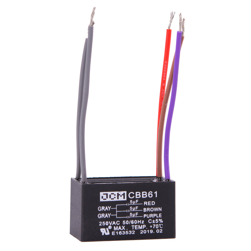 JCM 5 Wire Ceiling Fan Capacitor 5 uF + 5 uF + 5 uF 250VAC 50/60 Hz CBB61