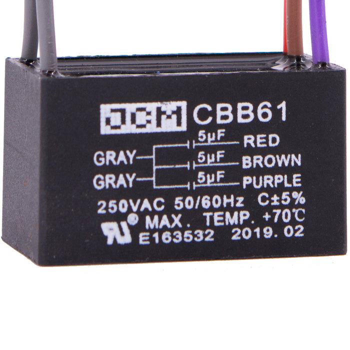 JCM 5 Wire Ceiling Fan Capacitor 5 uF + 5 uF + 5 uF 250VAC 50/60 Hz CBB61