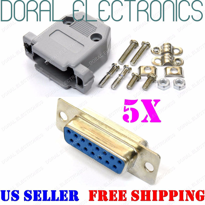 5X DB15 15-Pin Female Solder Cup Connector & Plastic Hood Shell & Hardware DB-15