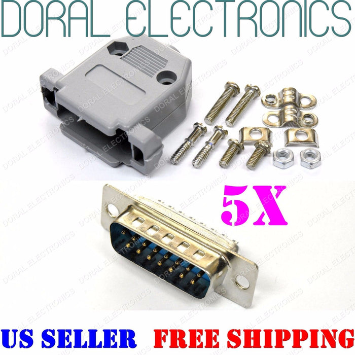 5X DB15 15-Pin Male Solder Cup Connector Plastic Hood Shell & Hardware DB-15