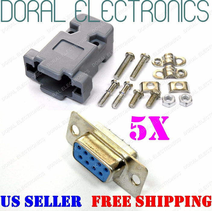 5X DB9 9-Pin Female Solder Cup Connector with Plastic Hood Shell & Hardware DB-9