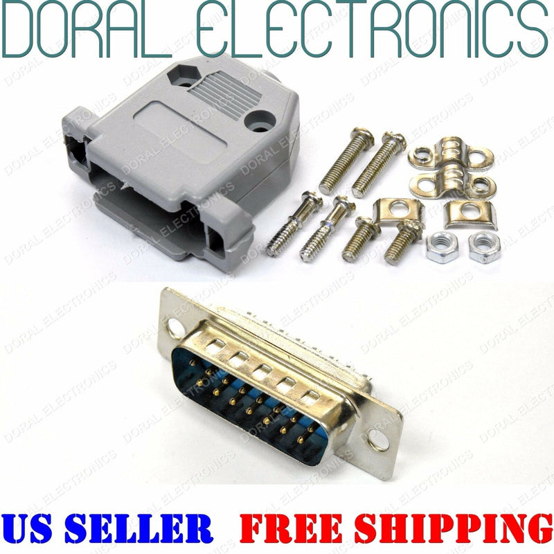 DB15 15-Pin Male Solder Cup Connector Plastic Hood Shell & Hardware DB-15