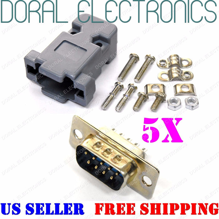 5X DB9 9-Pin Male Solder Cup Connector & Plastic Hood Shell & Hardware DB-9
